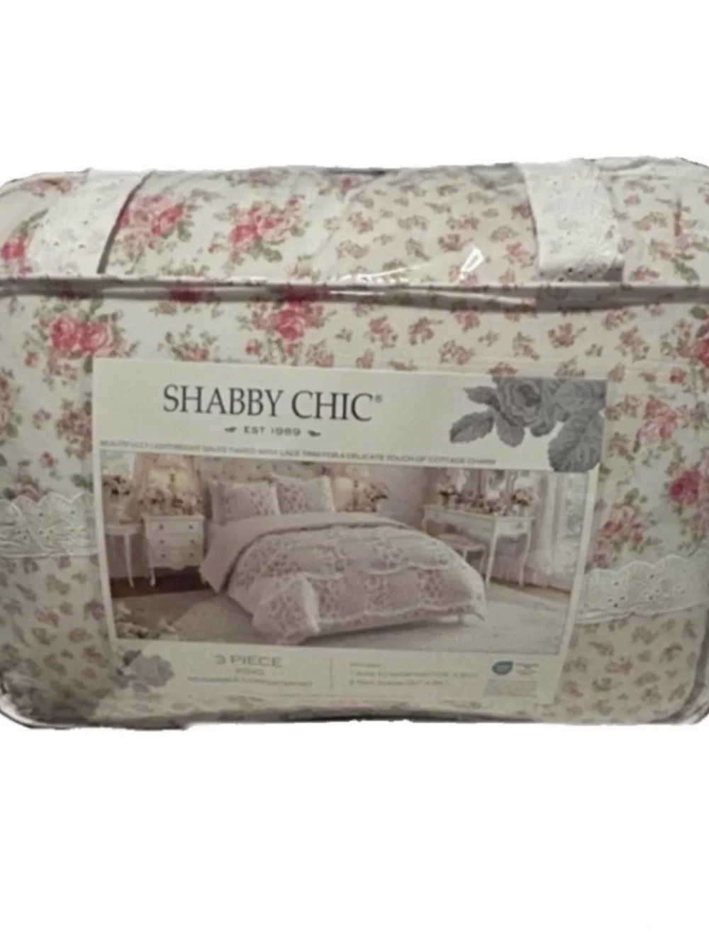 Shabby Chic Floral Pink & White Cotton Gauze King Comforter Set with Lace Trim